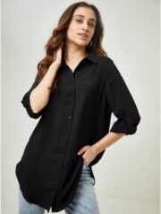 Black Linen Look Longline Shirt - Image 2