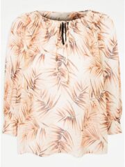Brown Boho Leaf Print Blouse