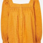 Orange Square Neck Embroidered Blouse